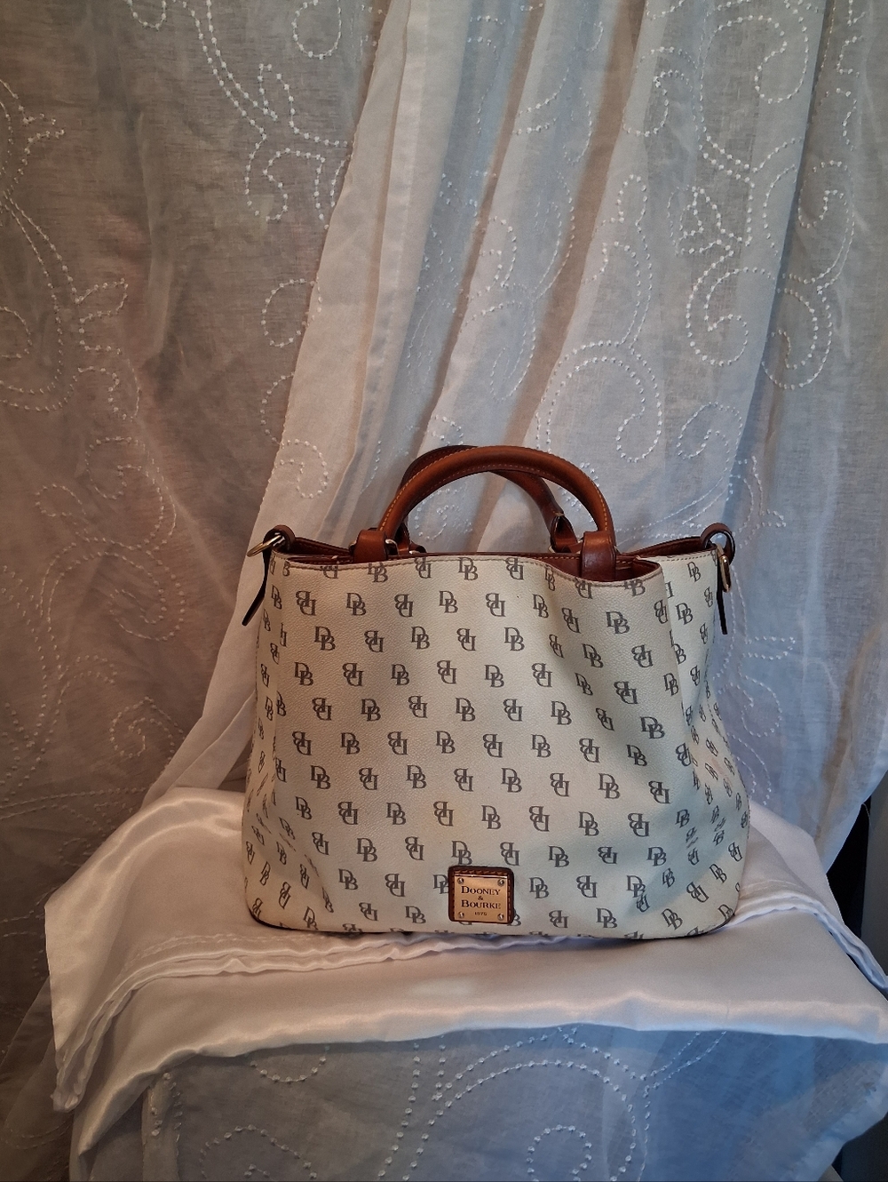 Dooney & Bourke Brenna Logo Satchel Cream & Gray with Brown Leather Trim
